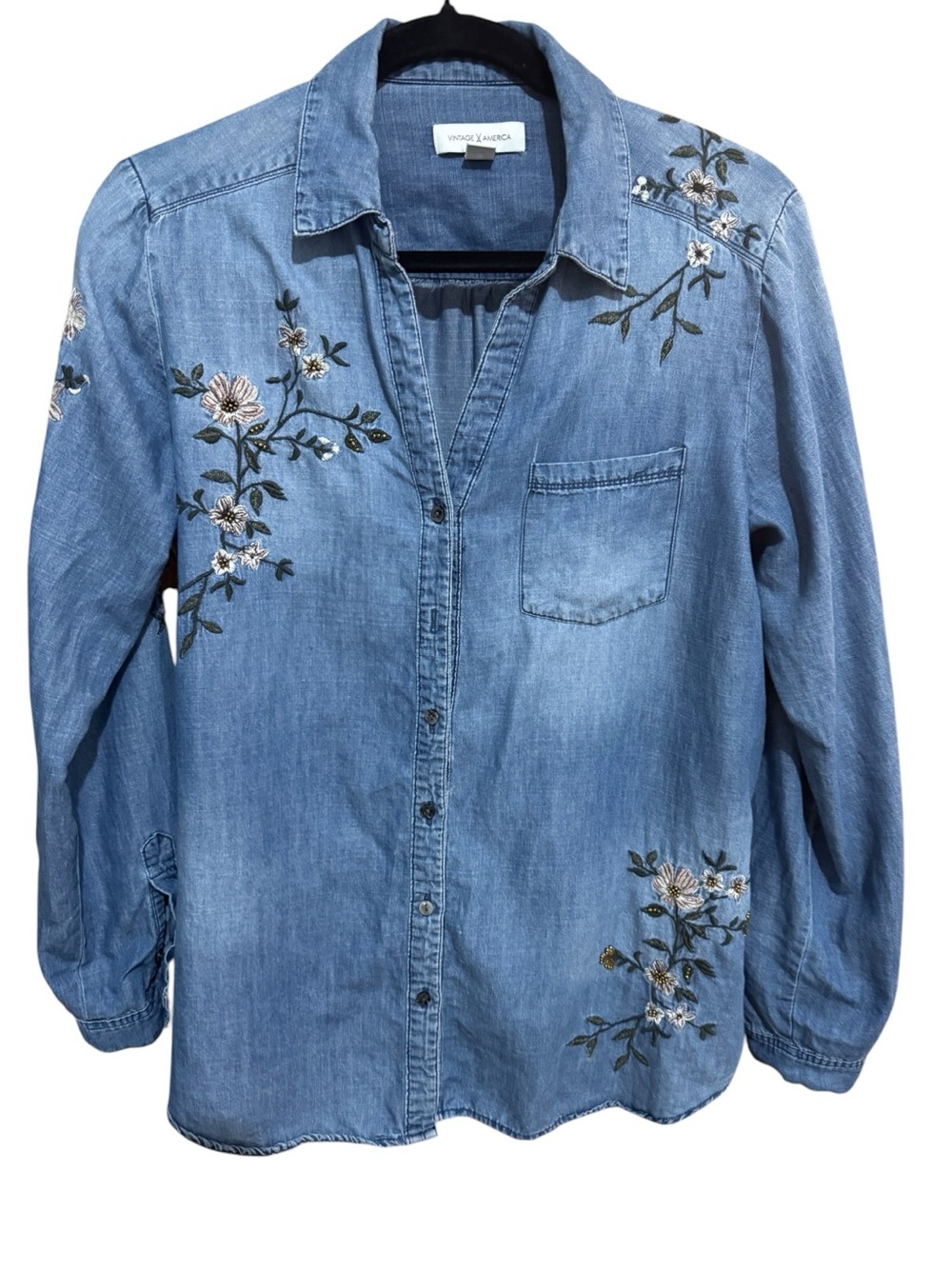 Vintage America Ricki Embroidered Blue Chambray Denim Button Down Boho Blouse M